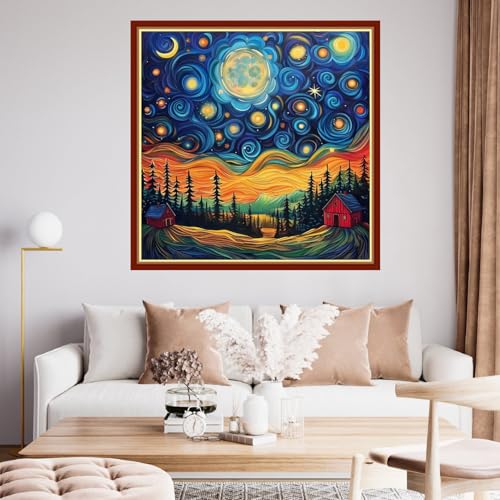 Image of Findvoor Stamped Cross Stitch Kits for Beginner Embroidery Kits for Beginners Adults DIY 11CT Cross Stitch Patterns Needlepoint Kits Crossstitching Kits-Van Gogh Starry Sky 18x18 inch
