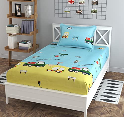 Image of Precsie Fabrics Elastic Fitted Glace Cotton Single Bed (72X48X Upto 6 Inches) Bedsheet For Kids With 1 Pillow Covers-200 TC (Yellow Car)