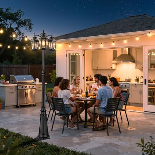 Image of Black 3-Head Outdoor Lamp Post Light Fixture with Photocell Sensor | Dusk to Dawn, Hardwired 120V AC, Waterproof Street Light, 100% Aluminum, For Yard, Driveway, Walkway, Garden, Street, Patio