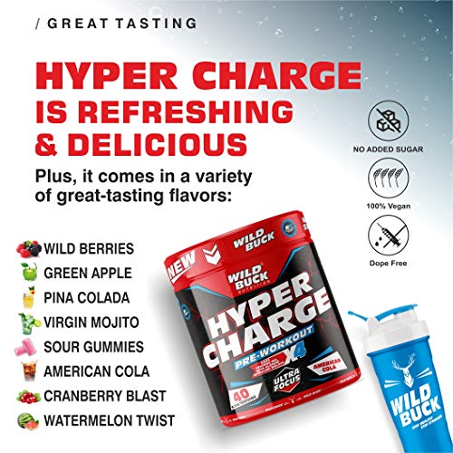 Image of WILD BUCK Wild Pre-X4 Hardcore Pre-Workout Supplement powder with Creatine Monohydrate, Arginine AAKG, Beta-Alanine, Explosive Muscle Pump -For Men & Women [40 Servings, American Cola] Free Shaker