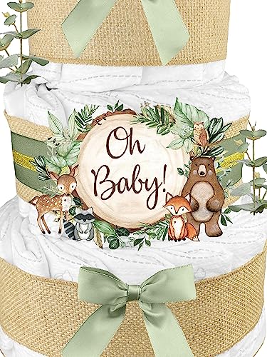 Woodland Creatures Diaper Cake - Gender Neutral Baby Gift - Burlap and Sage Green - Thumbnail 2