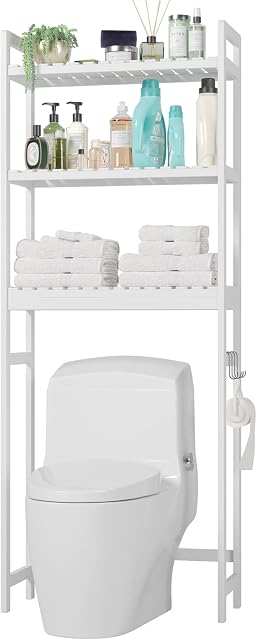 FOREHILL Over The Toilet Storage Shelf Bathroom 3-tier Standing Shelf Multifunctional Bamboo Units Organizer Rack Plants Holder White for Hallway Balcony 63.5×26×163cm