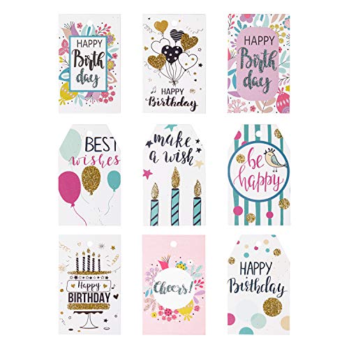 WRAPAHOLIC Gift Tags with String - 54PCS Birthday Paper Tags with Glitter Celebrating Candles, Balloons Pattern Design for Birthday, Party Favors, Baby Shower