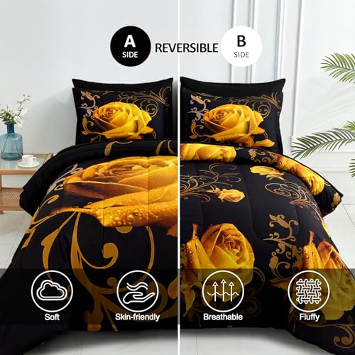 Edredón amarillo Queen reversible de 7 piezas con sábanas de microfibra 3