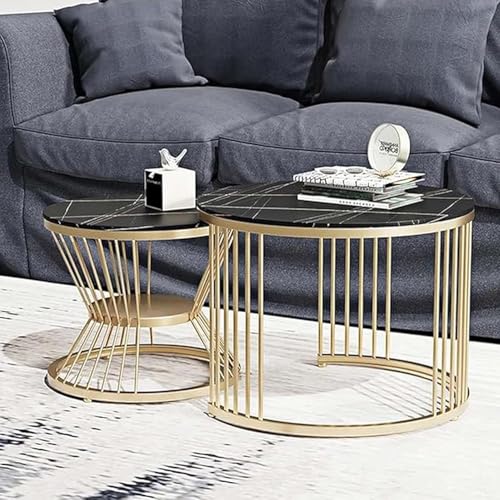 Image of Furniture Cafe Luxury Round Nesting Coffee Table Set of 2 with Black Marble Finish Top & Gold Metal Base | Modern Center Tables for Living Room, Lounge, Bedroom & Office