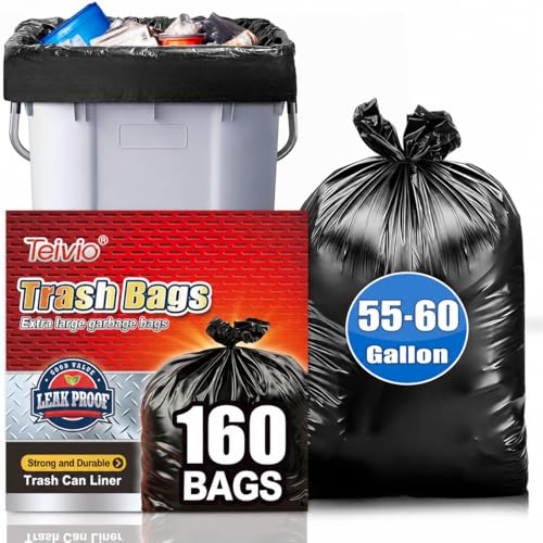 Image of Teivio Large Black Trash Bags 55-60 Gallon 160 Count 50+ Gal Garbage Bags | Fit 45,50,55,60Gal,Extra Lawn And Leaf Bags Outdoor Yard Workshops Plastic Bins Can Liners for Office Car Commercial Waste
