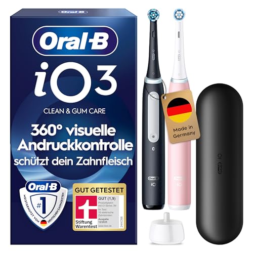 Oral-B iO Series 3 Elektrische Zahnbürste — Doppelpack — Electric Toothbrush, Inkl. 2 Aufsteckbürsten, 3 Putzmodi für Zahnpflege — Designed by Braun, GUT GETESTET von STIFTUNG WARENTEST, Schwarz/Rosa 1