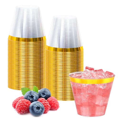 Image of 50 Pcs Gold Plastic Cups,9Oz Gold Rimmed Plastic Cups,Heavy Duty Gold Rim Clear Disposable Plasitc Cocktail Tumblers Wine Cup for Party,Wedding,Birthday,Christmas