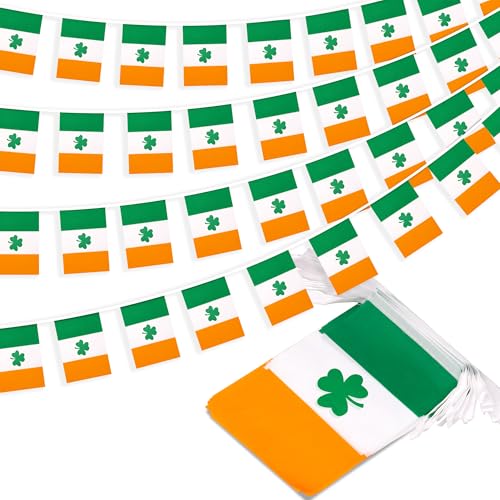 Image of Irish Shamrock String Flag Pennant Banner, Small Mini Ireland Clover Flags Bunting Banner, St Patrick's Day Decoration for School, Holiday, Party, Events, Festival, 33 Feet 30 Flags