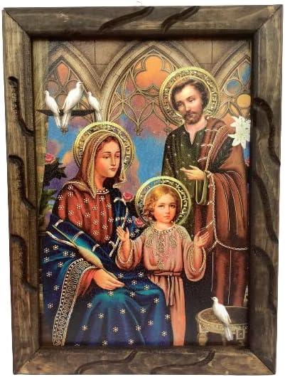 Sagrada Familia Imagen Impresa en Tabla De Madera 13"x18" Jesús, Marco Rústico De Madera María Y José Sagrada Familia