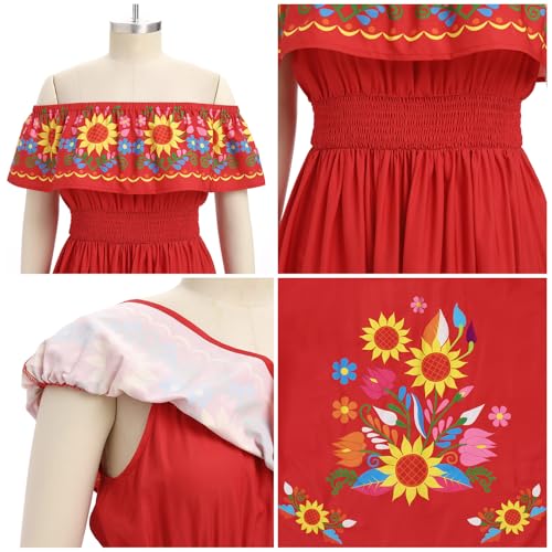 Image of ABEHIK Mexican Dresses for Women Traditional Off Shoulder Summer Floral Sunflower Fiesta Long Maxi Dress Cinco de Mayo Outfit