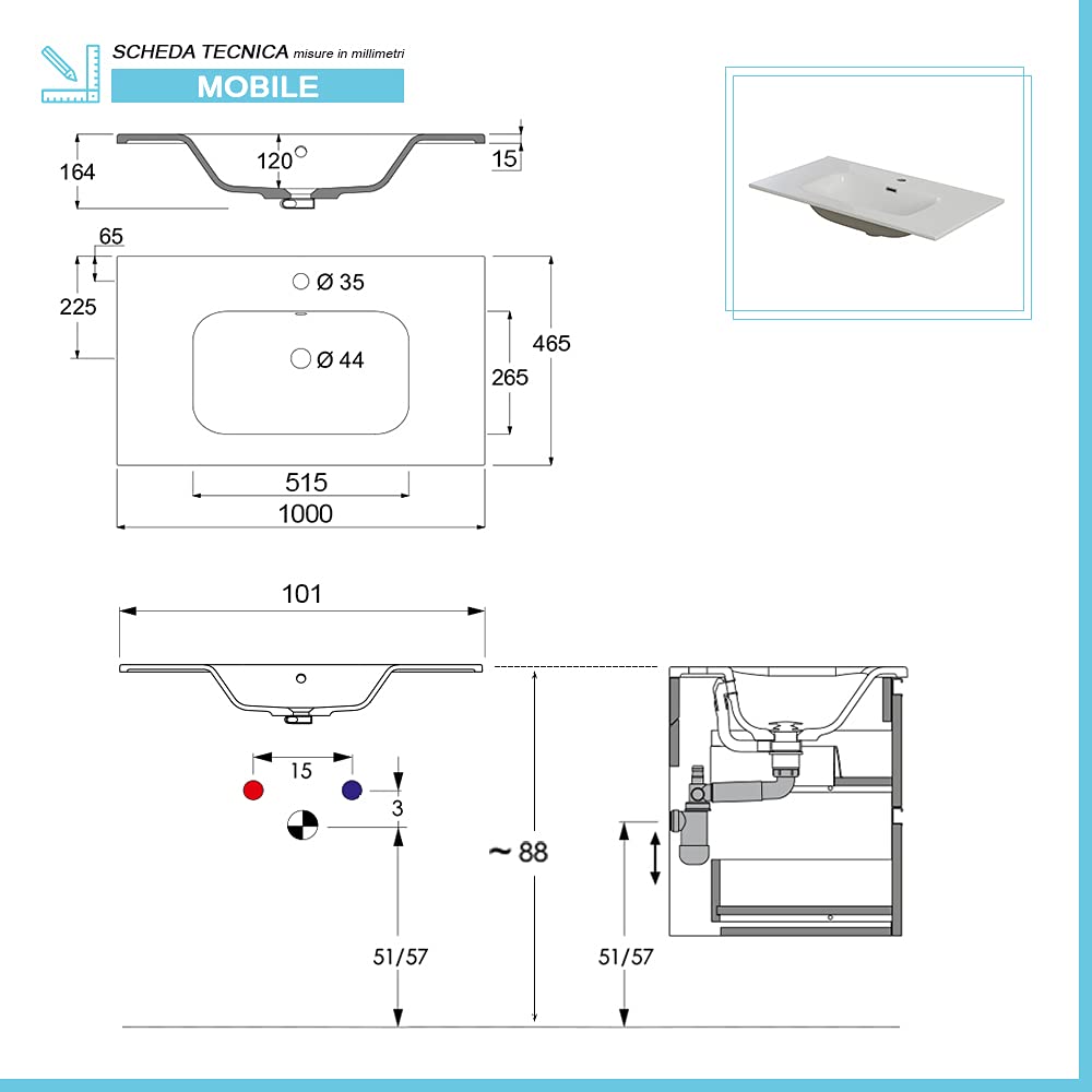 Lavabo consolle da Incasso su Mobile, Rettangolare in Ceramica Bianco Lucido, con Foro troppopieno