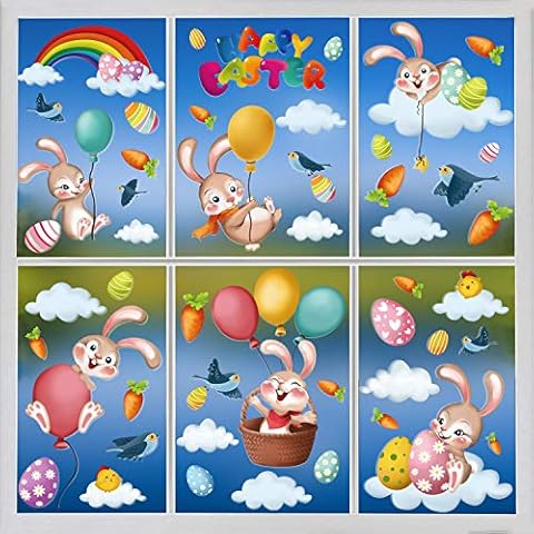 FINGOOO 6 Sheets Easter Window Clings Happy Easter Bunny Stickers Room Decor Window Decorations for Kids Cover