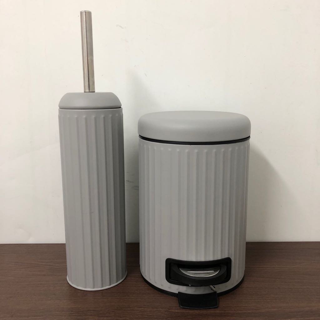 A2Z Home Solutions Retro Style Foot Step Pedal Toilet Bin With Removable Basket And Toilet Brush With Holder Bathroom Accessories Set (Grey)