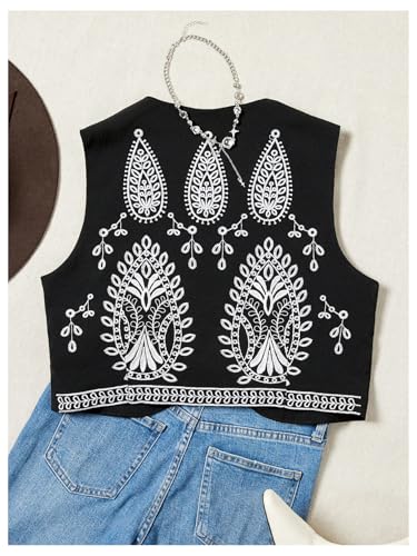 OYOANGLE Women's Boho Embroidery Open Front Vest Sleeveless V Neck Western Waistcoat Outerwear2