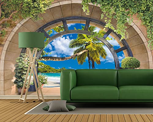 Flfk 3D Window Tropical Beach Palm Tree Peel And Stick Wall Murals Self-Adhesive Wallpaper Poster For Bedroom Living Room Interior Home Decoration 141.7X98.4 Inches #TOP2