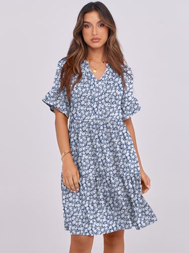 Image of ANRABESS Women's Summer Casual Dress, V-Neck Ruffle Sleeve Tiered Mini Dress, Soft Comfy Fabric with Pockets for All-Day Wear