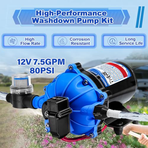 Image of 7.5 GPM 80 PSI Washdown Deck Wash Pump Kit, 12V Washdown Pump Kit with Strainer and Pressure Switch for RV,Boat,Sprayer,Travel Trailers,and Yacht -Freshwater Saltwater