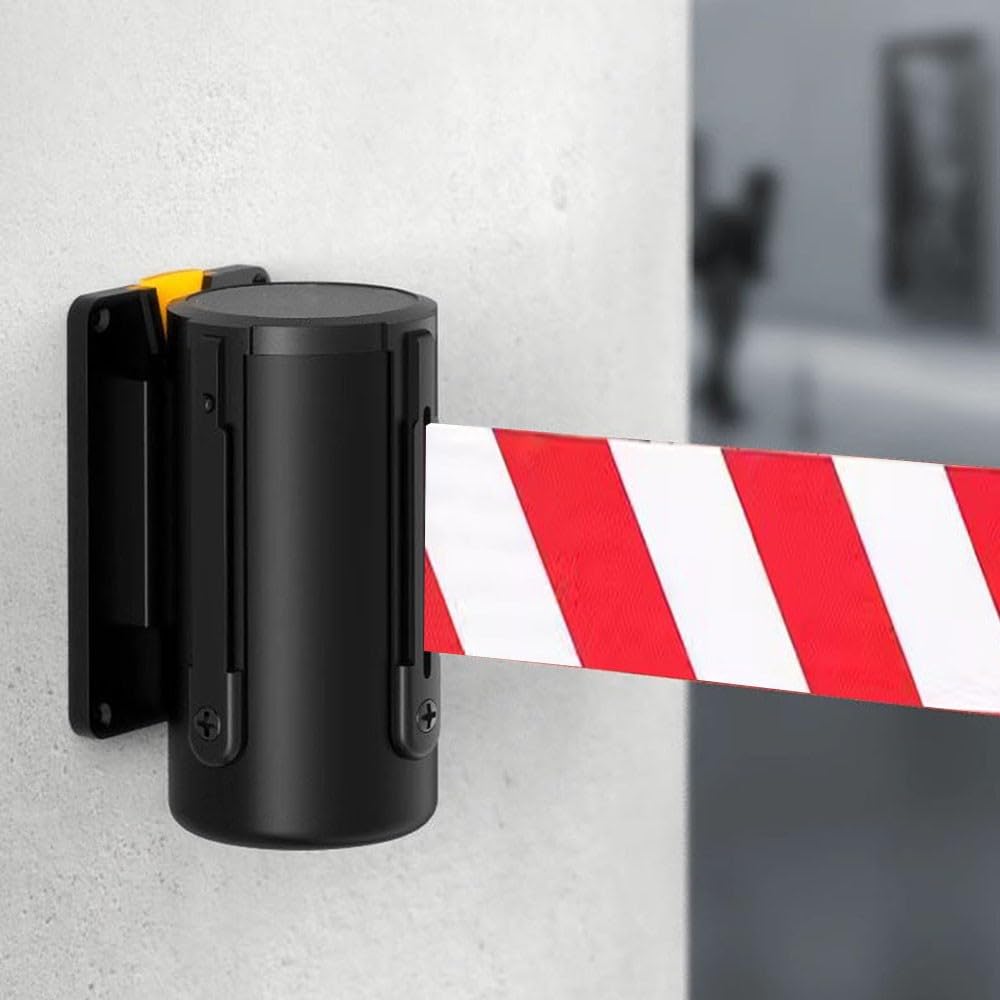 Magnetyczna wysuwana bariera 2 m – czerwona i biała bariera bezpieczeństwa na ścianę z wytrzymałą czarną stalową obudową do artykułów spożywczych, detalicznych, stadionu, kontroli tłumu wydarzeń