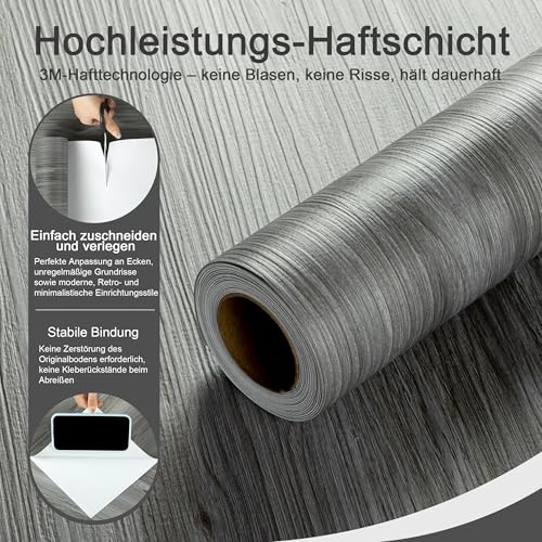 Vinylboden Selbstklebend PVC Bodenbelag Selbstklebend Fliesen Vinyl Holzoptik Bodenaufkleber Wasserdicht Verschleißfest für Küche Wohnzimmer Badezimmer Dunkelgraue Holzmaserung 30X1000cm/Rolle