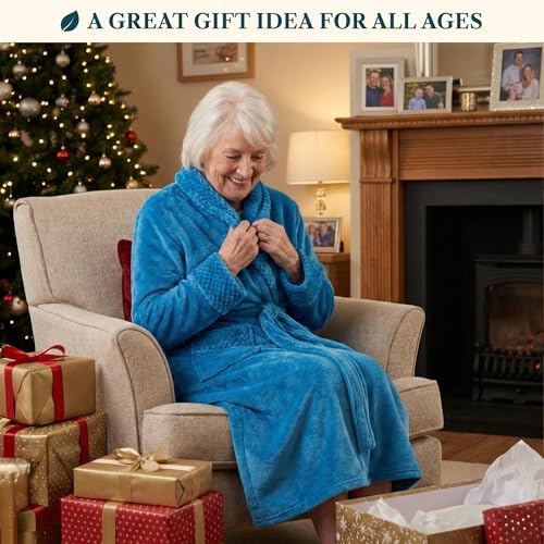 Image of PAVILIA Women's Plush Fleece Robe, Soft Cozy Long Bathrobe with Satin Waffle Trim, Warm Lightweight, Pockets & Tie Belt