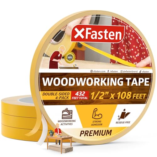 XFasten Double Sided Woodworking Tape 1/2 x 36 Yards (4-Pack) - Double Face Woodworker Turners Tape for Wood Template Edge Banding Routing Anchoring | Strong Adhesion but Removable & Residue Free