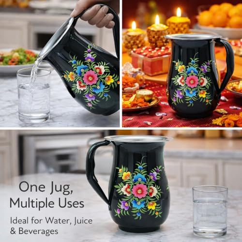 Image of iHandikart Handpainted Stainless Steel Water Jug | Black Floral Design Steel Pitcher for Water, Juice & Milk | Decorative Serving Jug for Kitchen, Dining & Home Decor | 8 x 6 Inch