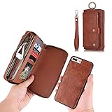 JAZ iPhone 8 Wallet Case / iPhone 7 Wallet Case - Multi-Function Wristlets Zipper Purse Detachable Magnetic 14 Card Slots Money Pocket Clutch Leather Wallet Case for Apple iPhone 8 / 7 / 6S / 6 Brown