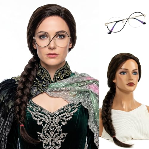 Image of H&Bwig Long Brown Braided Wig for Women Synthetic Hair with Glasses Halloween Costume Wig Heat Resistant Fiber Wigs for Party Daily Use