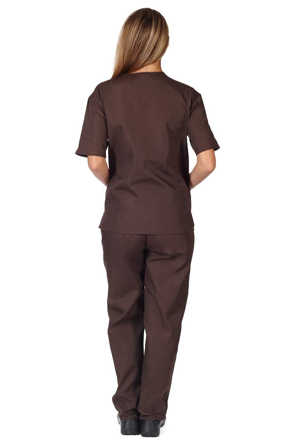 M&M Scrubs Women's Solid V-Neck Scrub Set Medical Scrub Tops and Pants (Small, Brown)