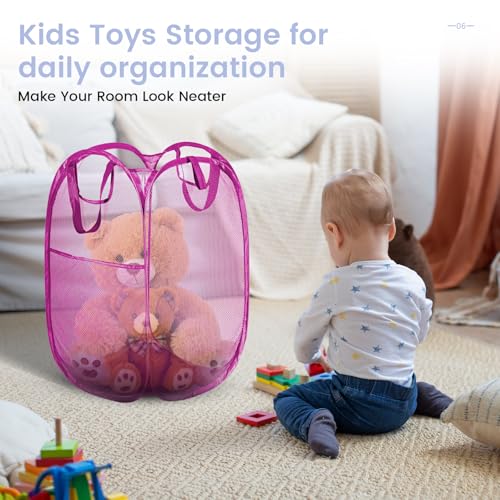 Image of HOUSE AGAIN 2 Pcs Pop Up Laundry Hamper, Strong Mesh Laundry Baskets Collapsible, Hamper with Handles and Side Pocket, Portable Foldable Dirty Clothes for Dorm, Laundry room and Travel Storage, Pink