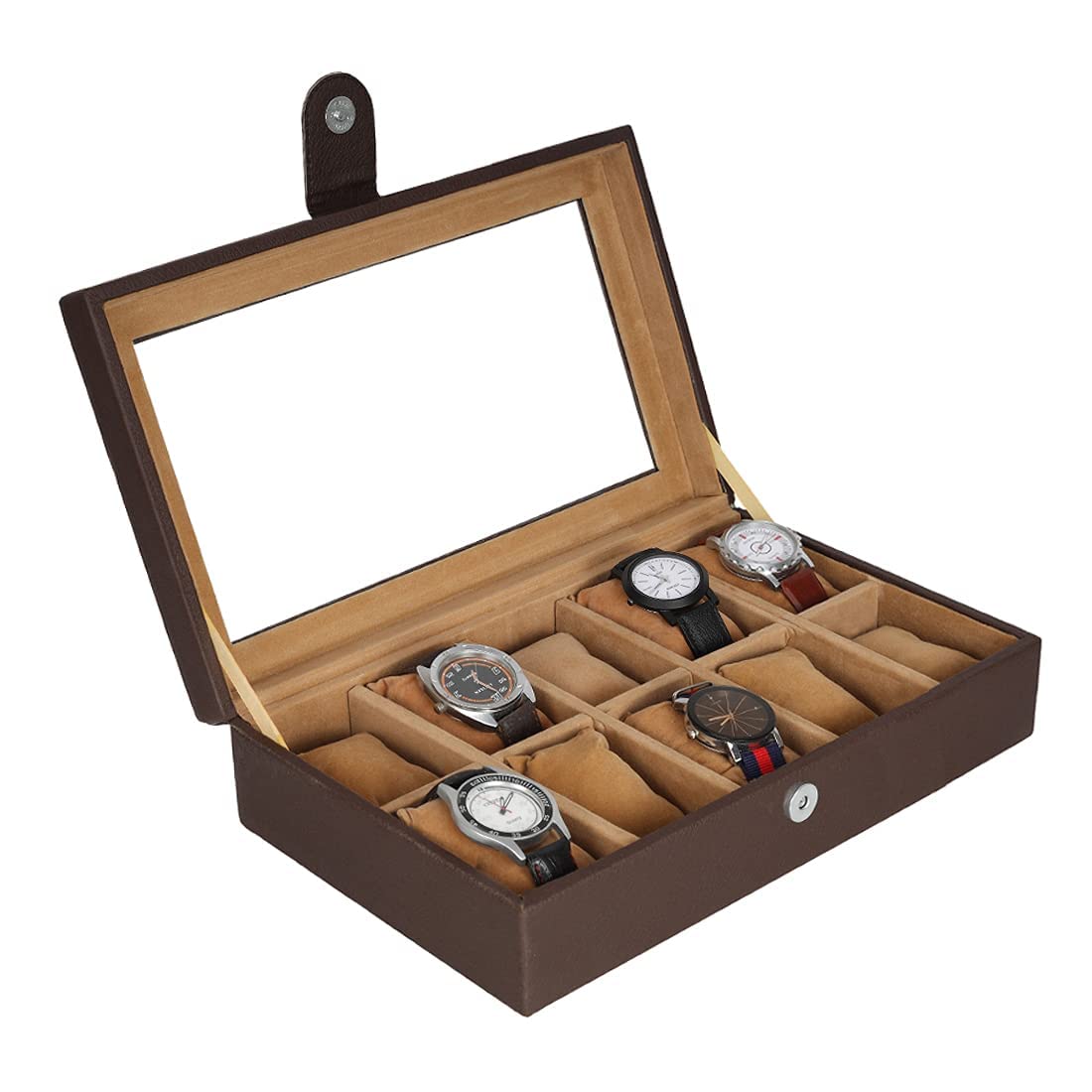 Leather World Watch Box Holder Organizer Case in 10 Slots of Watches for Men and Women with Transparent Display (Brown) (B0CVN2DGSQ) Amazon Price History, Amazon Price Tracker