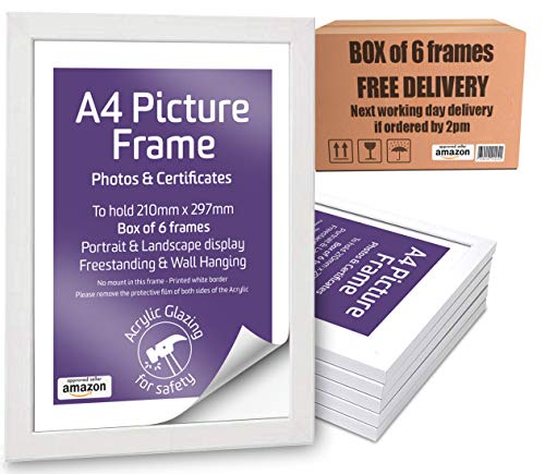 Picture Frames UK Caja de 6 Marcos de Fotos A4, Marcos de certificados, Independiente y para Montaje en Pared, Blanco, A4