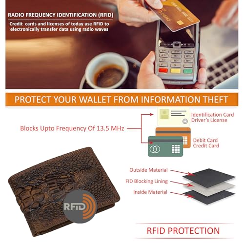 Image of Men's Top Grain Leather Wallet with Crocodile 3D Print | 8 Card Slots Bifold Wallet | RFID Protected (Brown)