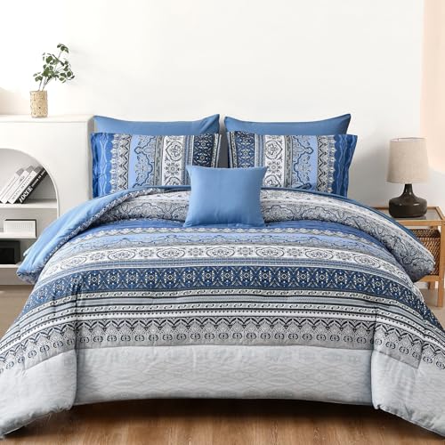 Image of Cottolester Boho Comforter Set Full Size,8 Pieces Blue and Grey Bohemian Striped Bed in a Bag,Paisley Soft Microfiber Bedding Comforter Set