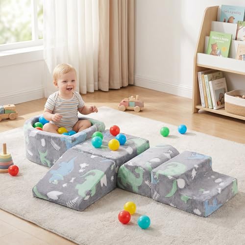 Image of Tiita Baby Climb and Crawl Playset 5-Piece, Kids Foam Climbing Block with Small Ball Pit - Indoor Soft Play Climber for Playtime Fun, Grey Star, Green Dinosaur