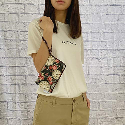Image of Taianda Women Phone Wristlet Wallet Pouch, Zippered Dual Slots (Clock) | Lightweight water-repellent purse with padded shockproof cushion; Fits most smartphones, cards & cash; Daily essentials