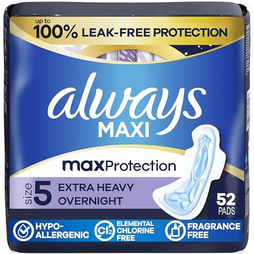 Image of Always Maxi Overnight Feminine Pads with Wings for Women, Size 5, Extra Heavy Overnight Absorbency, Unscented, Up to 100% Leak-Free Protection, 52 Count