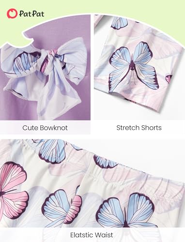 Image of PATPAT Girls Summer 2 Piece Outfits 4-12Y Butterfly Bow Sleeveless Tunic Tops and Floral Print Shorts Cute Clothes