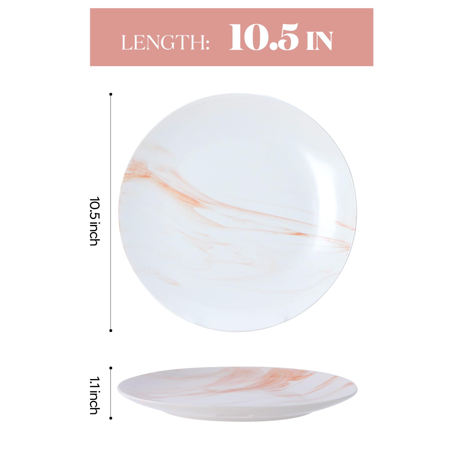 bestone Dinner Plates, 10.5 Inch Plates Set of 6, Porcelain Round Dessert Salad Dinner Plates, Serving Dishes for Kitchen, Dishwasher, Microwave, Freezer, Oven Safe, Marble Orange