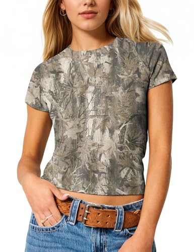 Women Camo Shirt Crop Top Y2K Maple Leaf Graphic Baby Tee Short Sleeve Slim Fit Round Neck T Shirt Streetwear