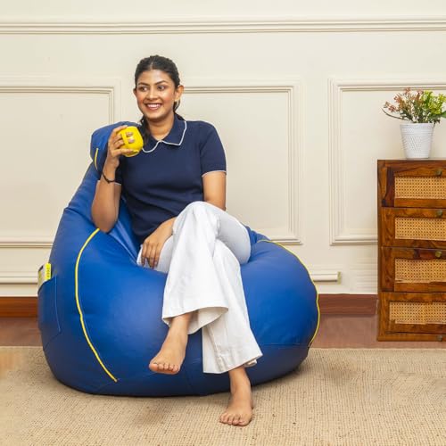 Image of Sattva Classic Piping 4XL Bean Bag with Pocket Filled with Beans | Faux Leather Teardrop Bean Bag for Adults & Teens | Pre-Filled Comfortable Seating for Home, Bedroom - Royal Blue with Yellow Piping
