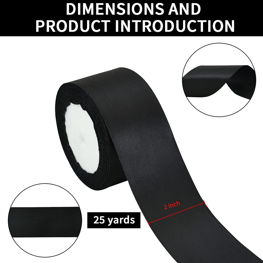 TONIFUL 2 Inch x 25 Yards Wide Black Satin Ribbon Solid Fabric Ribbon for Gift Wrapping Crafts Chair Sash Eternal Flower Invitation Cards Hair Bows Sewing Party Wedding Decoration - Image 2