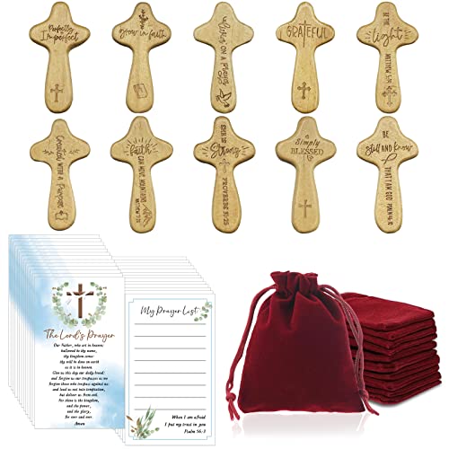 30 Pack Mini Wood Holding Hand Crosses with Christian Quotes, Velvet Bags and Prayer Cards for Christmas Christian Church Jesus Cross Gift
