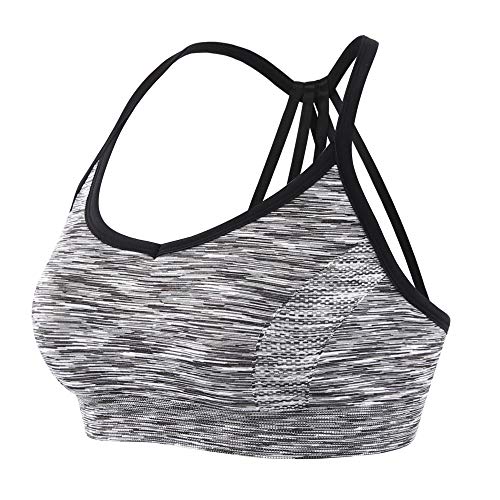 EMY Strappy Sports Bra Space Dye Parachute Back Seamless Removable Pads for Yoga Running Workout Fitness (Black Marl, S)