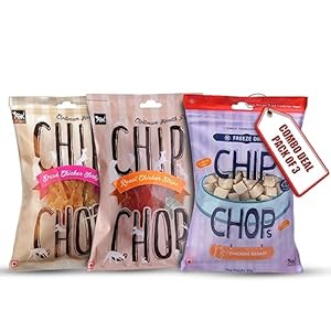 Chip Chops Combo Of Dog Treat, Healthy Nutritious Treat, Dried Chicken Jerky 70Gm And Roast Chicken Strips 70Gm And Freeze-Dried Chicken Breast 35Gm Easily Digestible Suitable For All Dog Breeds,