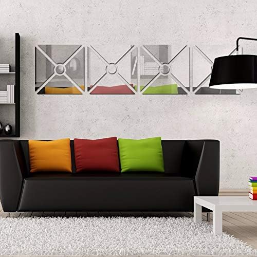 Miniatura 8 de Calcomanías de pared con espejo 3D, 4 piezas acrílicas cuadradas con patrón geométrico para bricolaje, azulejos autoadhesivos para pared, azulejos