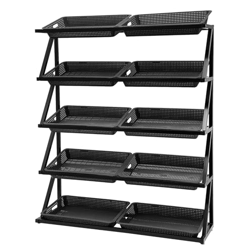 NINSHEIN 5-Tiers Black Supermarket Retail Rack Display Stand with 10x Baskets Freestanding Retail Display Shelves to Put Fruits Snacks Toys for Store 49.2 * 13.8 * 59in