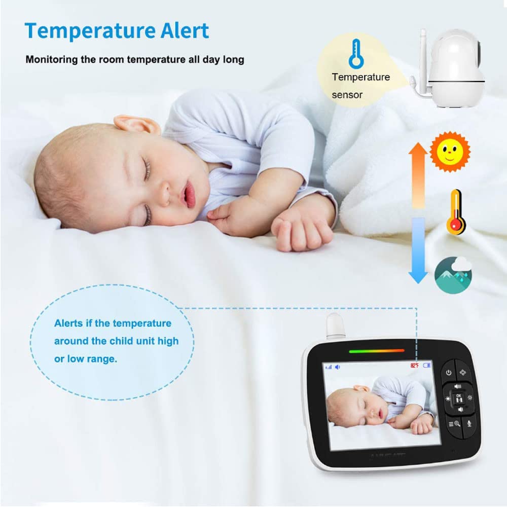 Video Baby Monitor con fotocamera e audio, visione notturna automatica schermo da 3,5 pollici, conversazione audio a 2 vie, musica Lullabye, monitor della temperatura, promemoria alimentazione