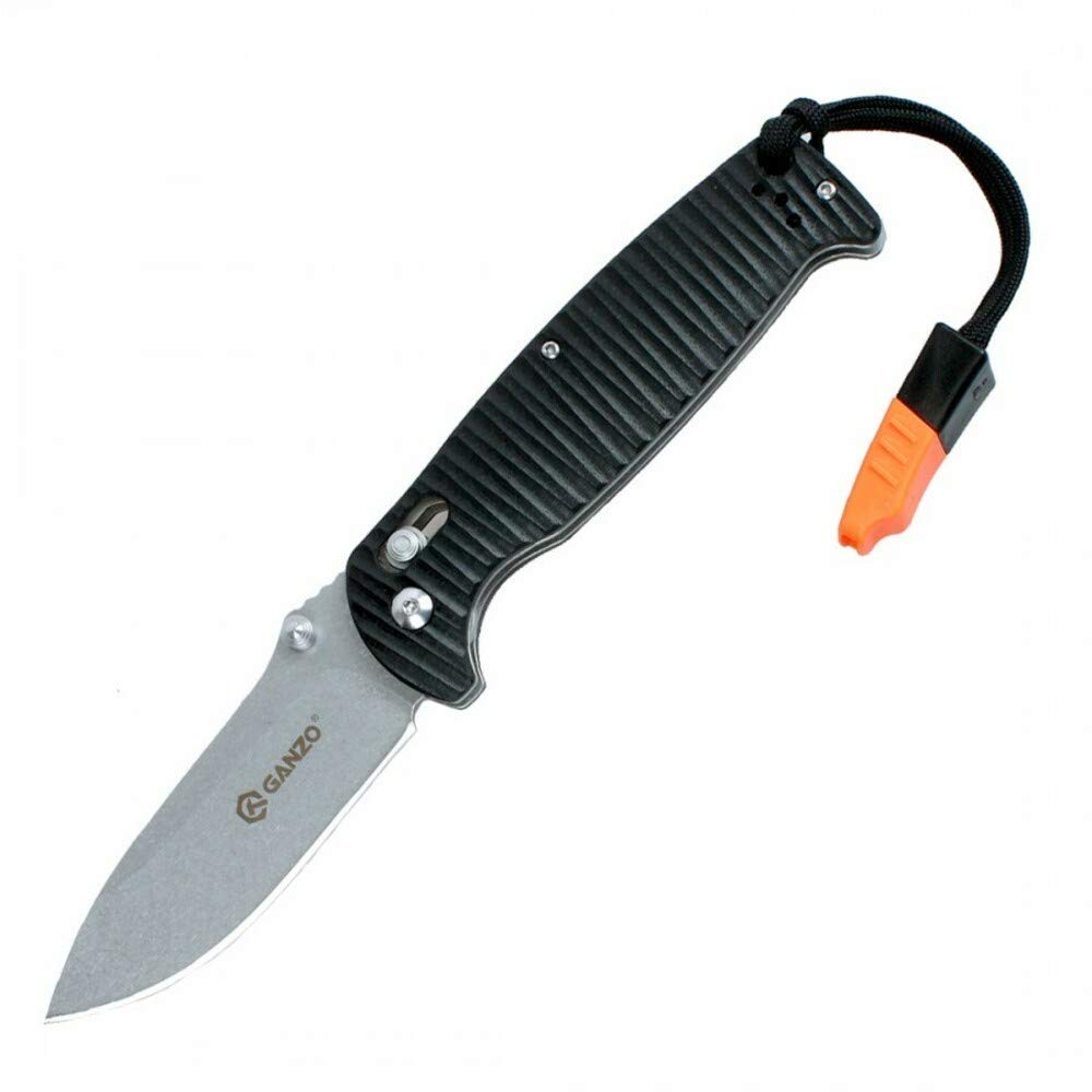 Ganzo G7412P-BK-WS Black Folding Knife with Whistle Ribbed Handle G10 Grey Blade 440c Lock Axis
